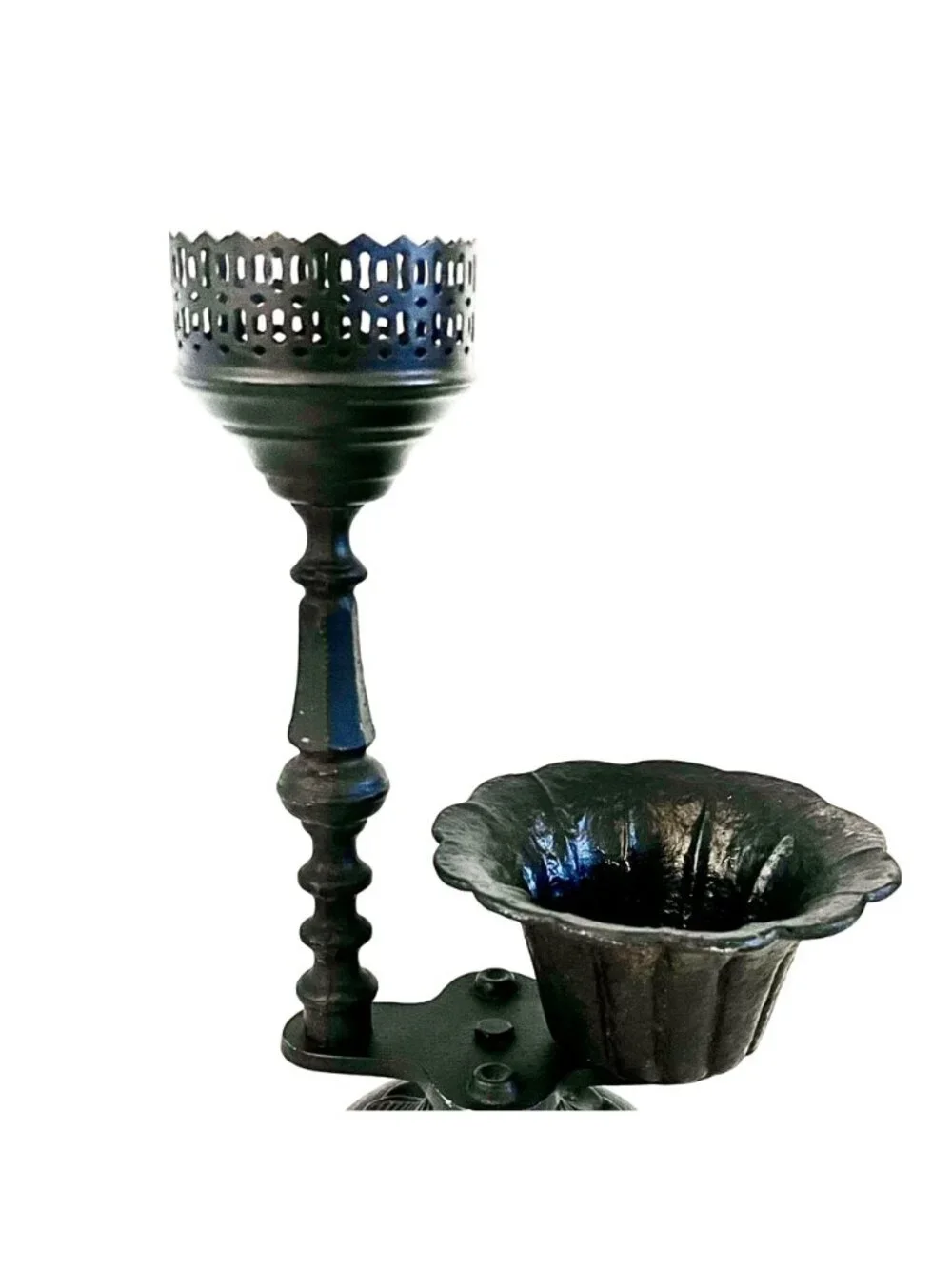 VTG Gothic Black Cast Iron Candle Holder & Scalloped Bowl Cutout Decor